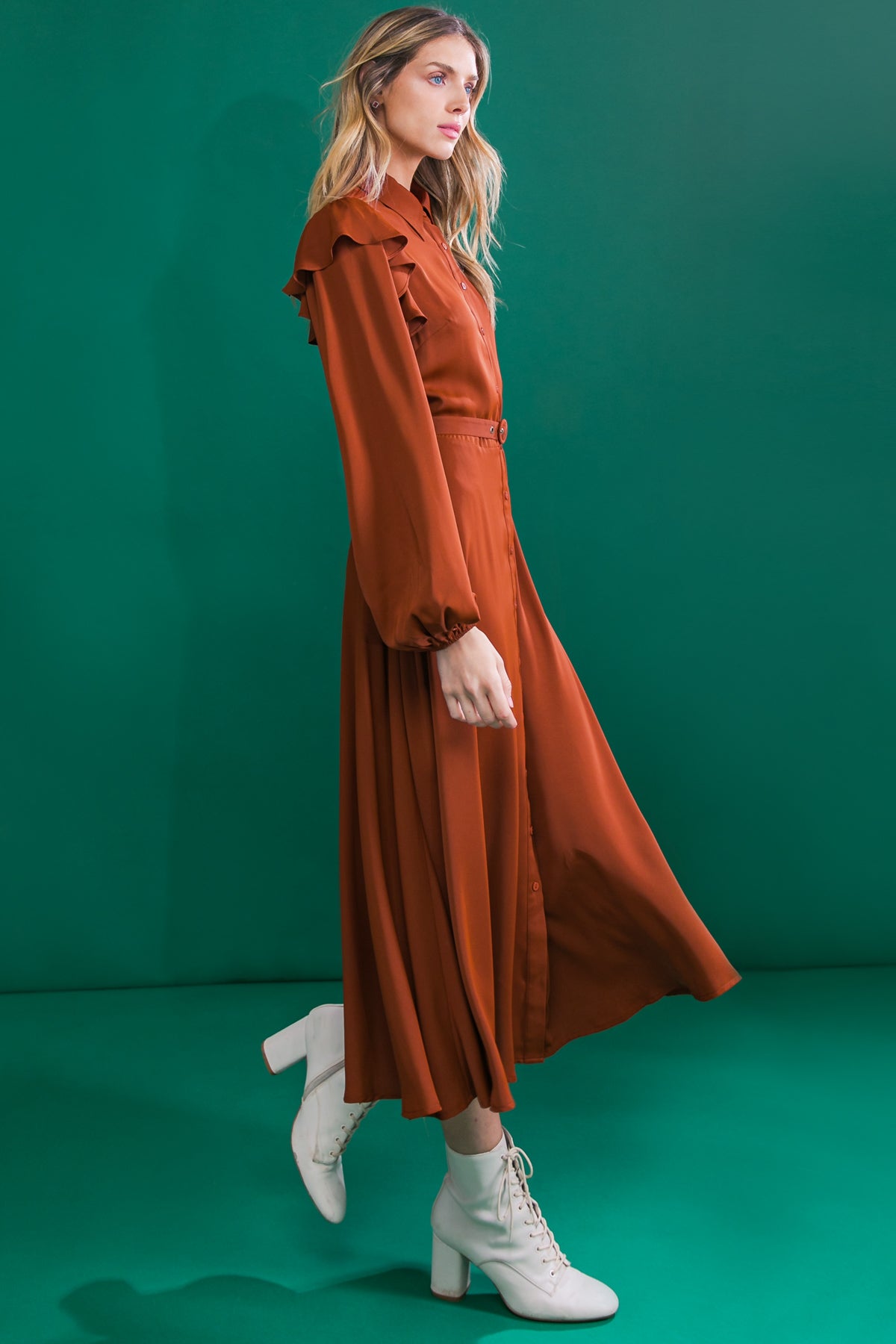 TIER ELEGANCE BROWN WOVEN MIDI DRESS Flying Tomato